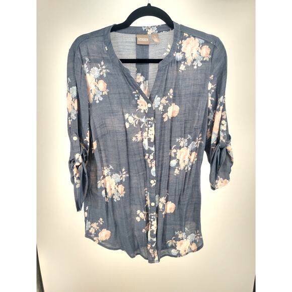 Chico's Blouse Top 1 M Floral Print Button Front Tab Sleeve Boho Blue Peach - Picture 1 of 9